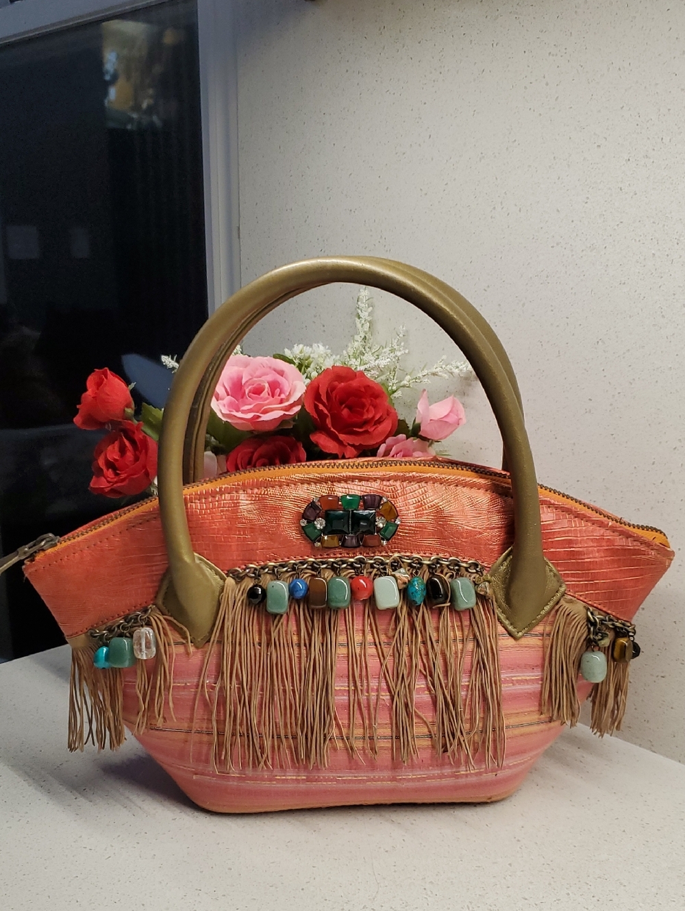 MARY FRANCES Boho Coral Fringe Beaded Top-Handle Bag